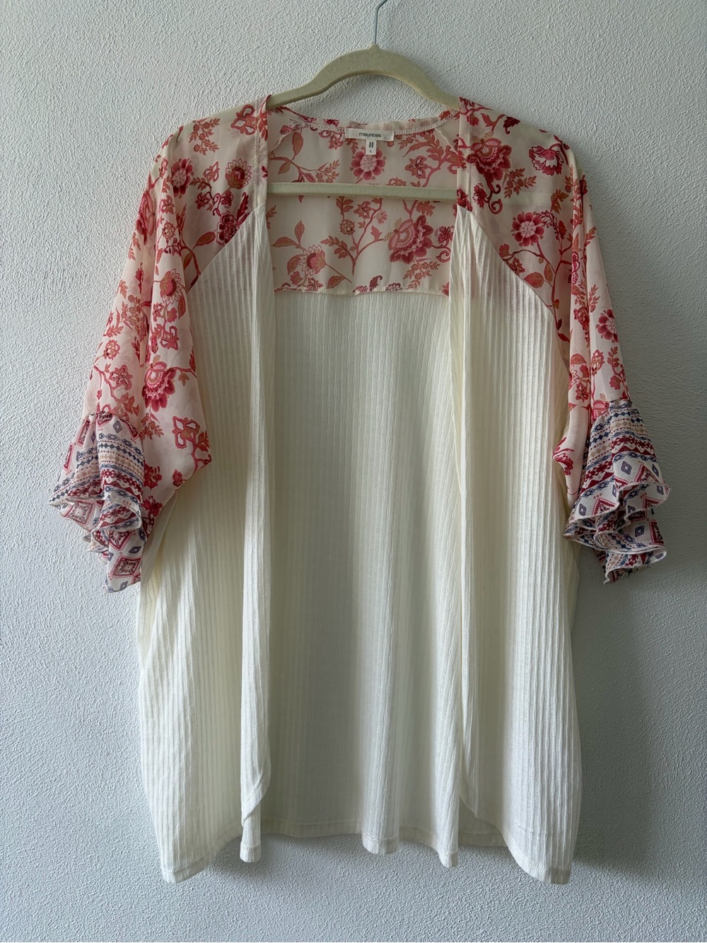 Maurices Cream Open-Front Tunic with Pink Floral Panels